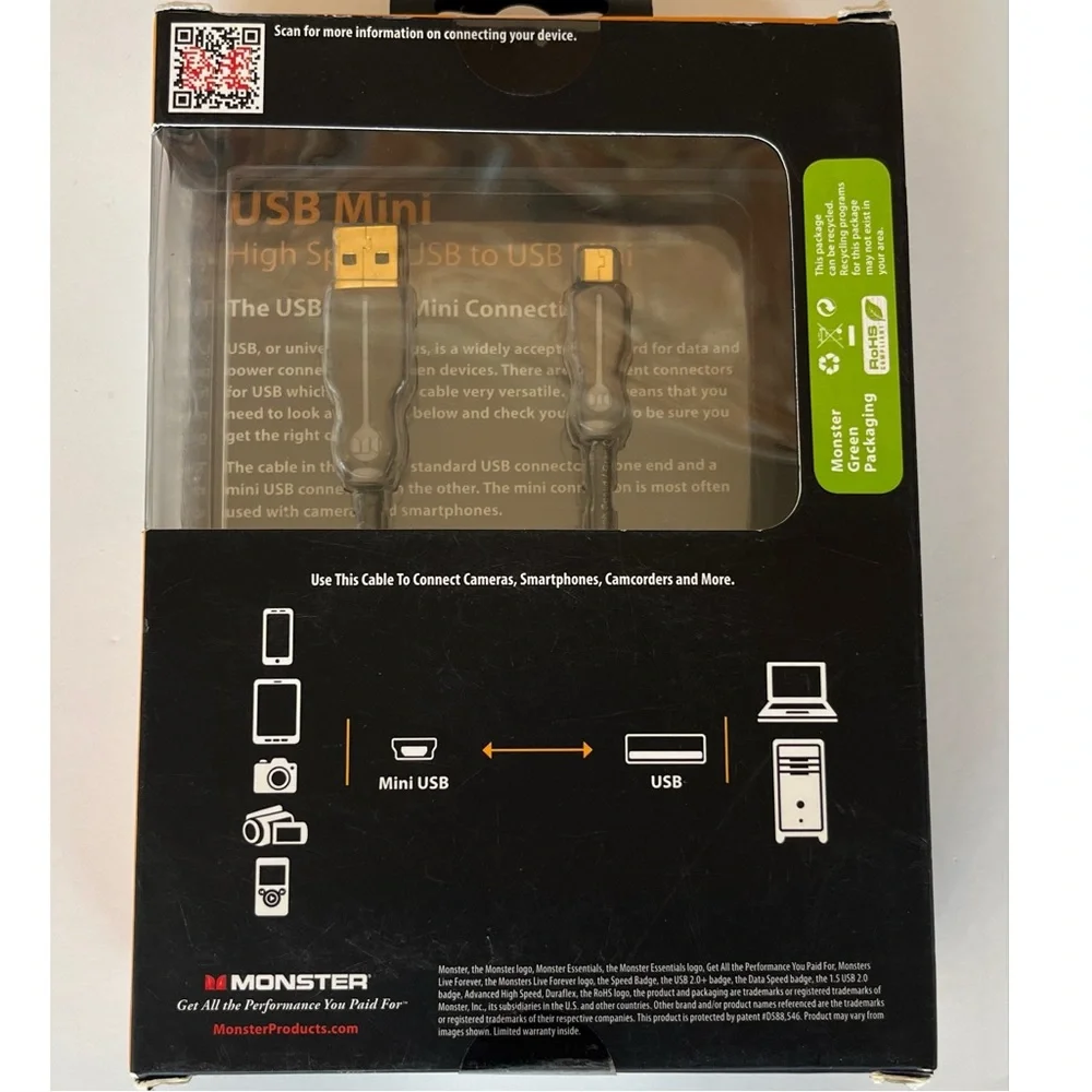 Monster High Speed Black USB to USB Mini Charging 1.5 ft